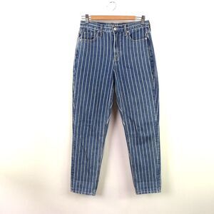 American Eagle Pin Stripe Blue Mom Jean High Rise Tapered Leg Size 4